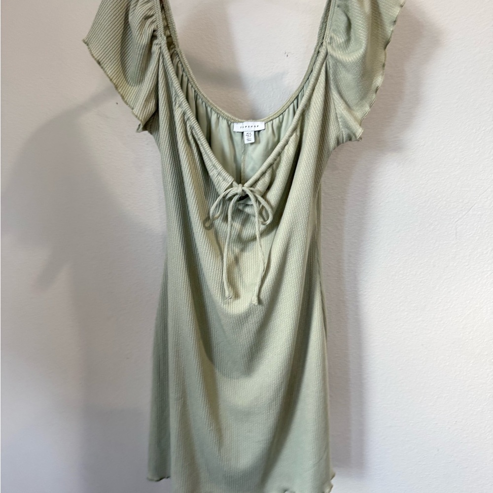 Topshop Sage Green Ribbed‎ Mini Dress Tie Front Scoop Neck Size US 8